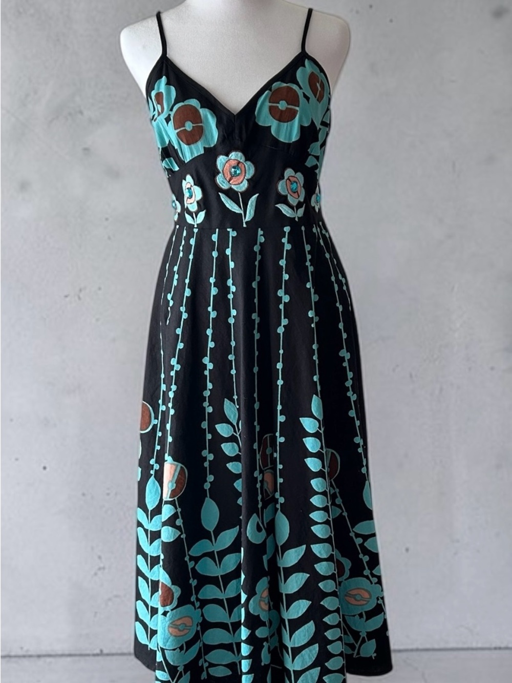 Boho Black Floral Embroidered Cotton Maxi Dress Teal Beaded Flowers Medium - Picture 2 of 6